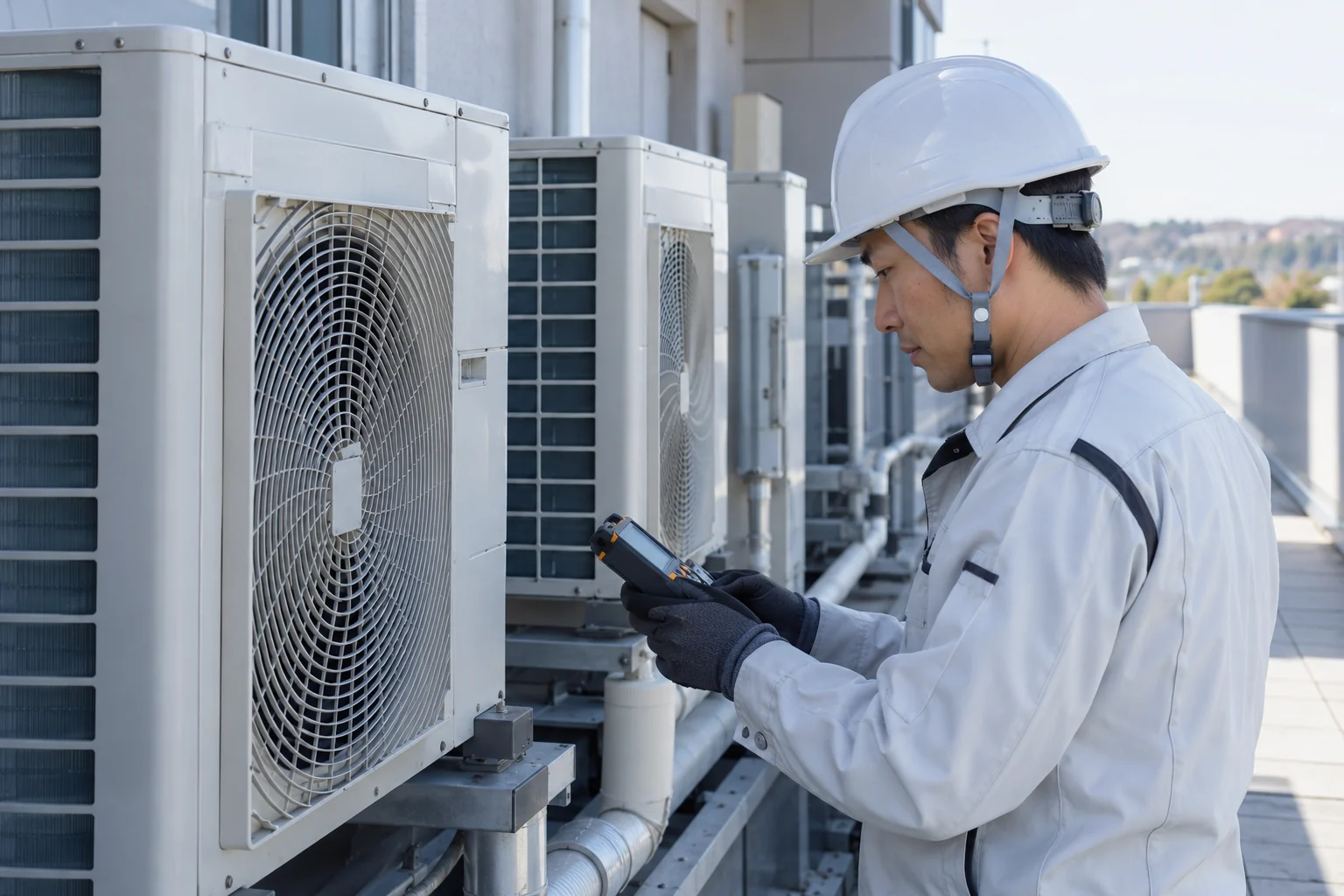 事務所の屋外空調設備を確認するイメージ(AI生成)