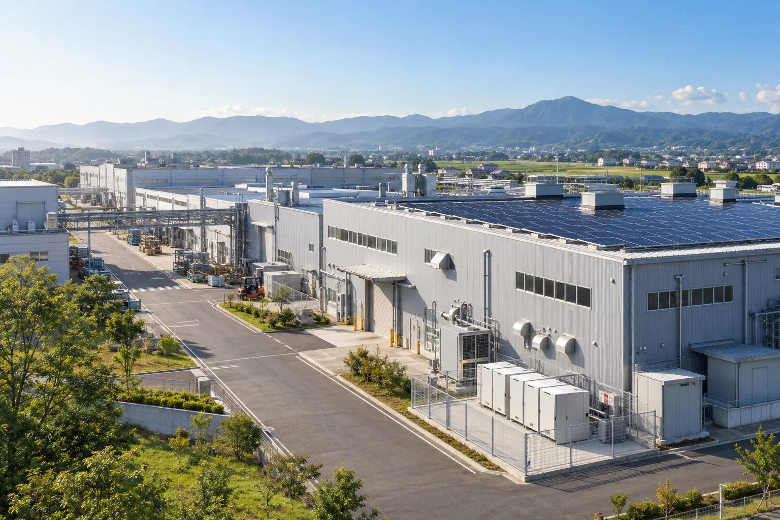 太陽光設備を備えた工場全景のAI生成イメージ